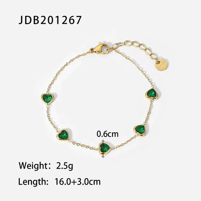 Green Cubic Zircon Heart Figaro Snake Chain Bracelet
