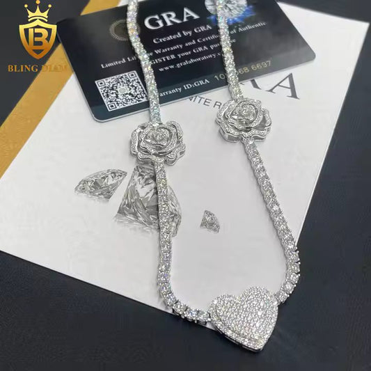 Rose & Heart Tennis Chain - 3mm VVS Moissanite, 925 Sterling Silver