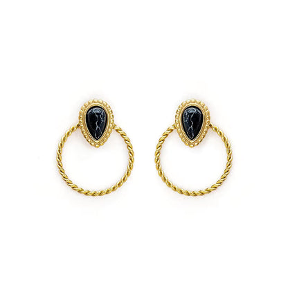 Natural Stone Drop Gold Hoop Earrings
