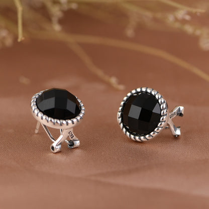 Round Black Agate Earrings