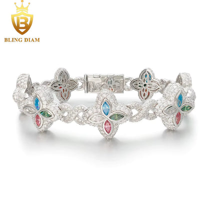 Marquise Flower Tennis Bracelet - 9mm Moissanite - Sterling Silver