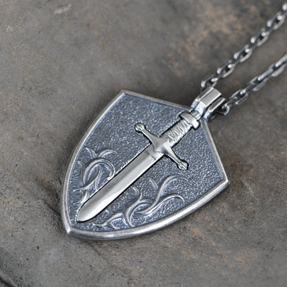 Shield Silver Sword Necklace