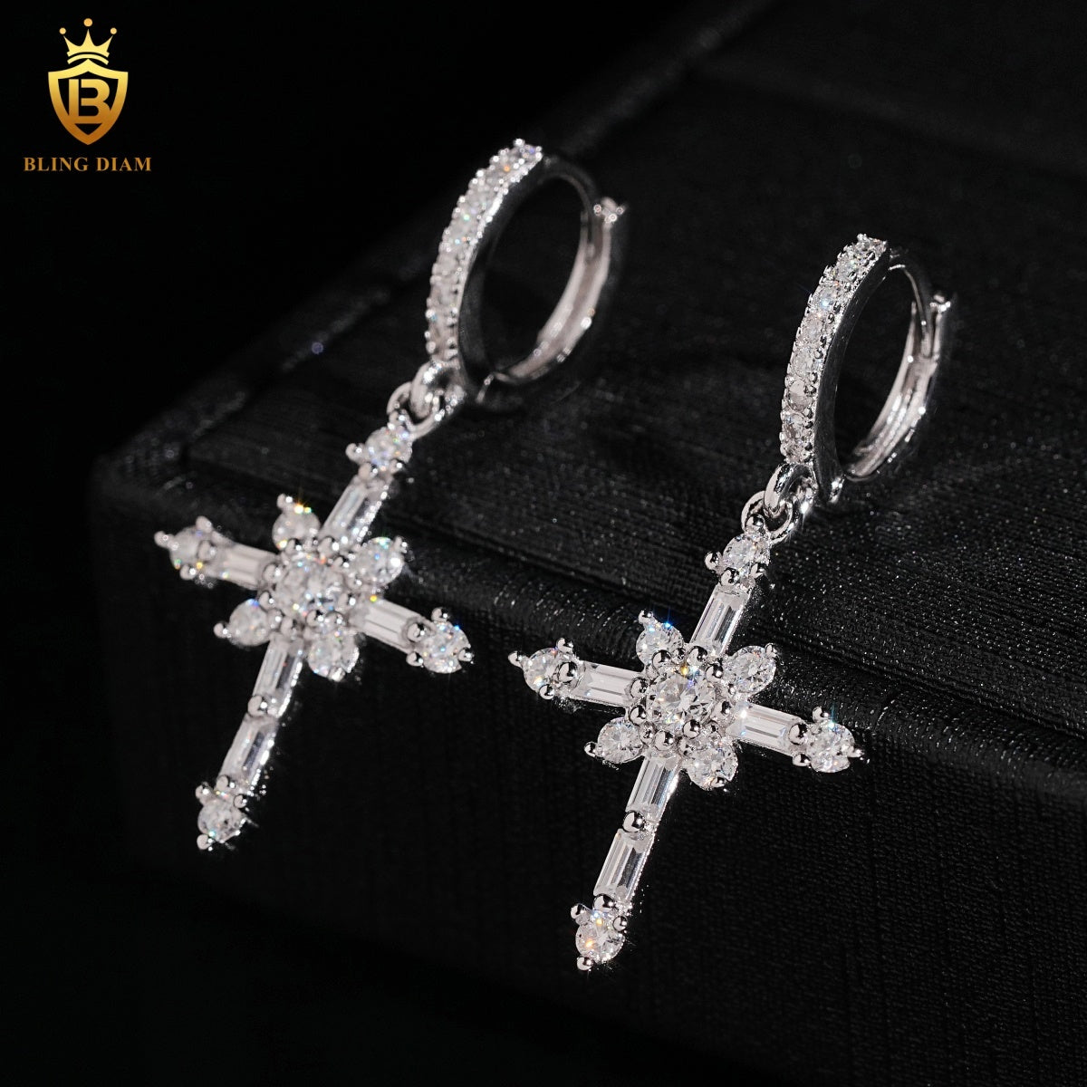 Moissanite Cross Dangle Huggie Hoop Earrings