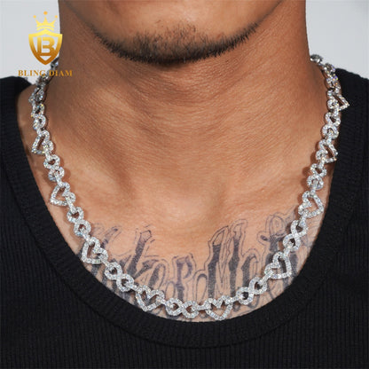 925 Silver 8.5MM Moissanite Heart Mixed Infinity Cuban Link Chain