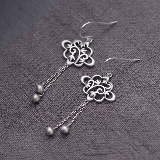 Leaf Silver Bead Tassel Earrings
