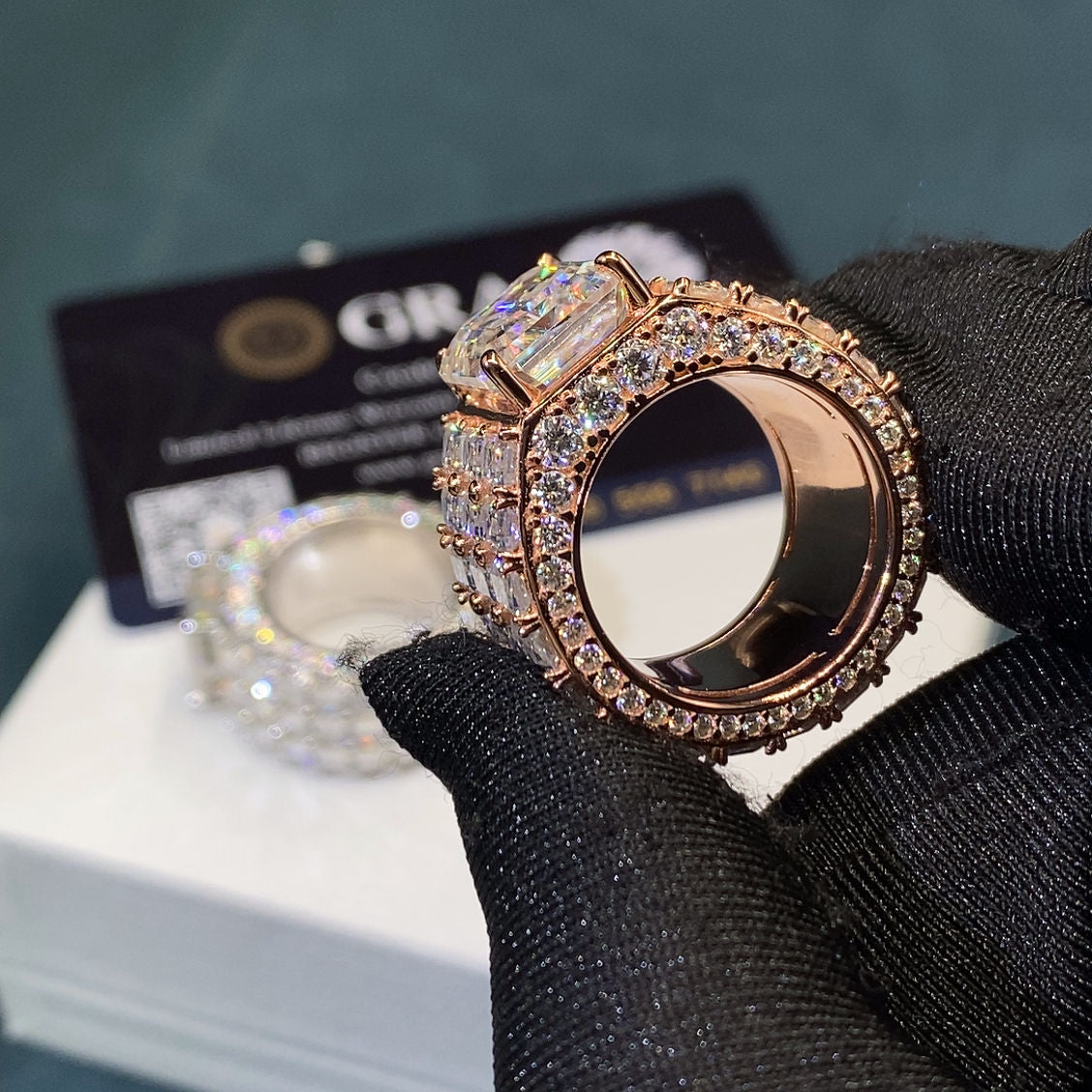 Emerald-cut moissanite ring