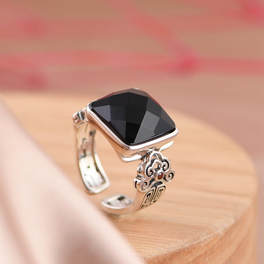 Square Black Agate Adjustable Ring