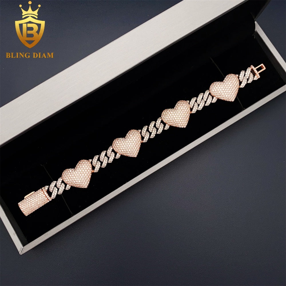 Two Tone Pink Heart Cuban Bracelet