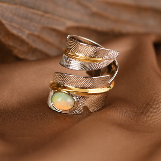 Feather Set Opal Adjustable Ring