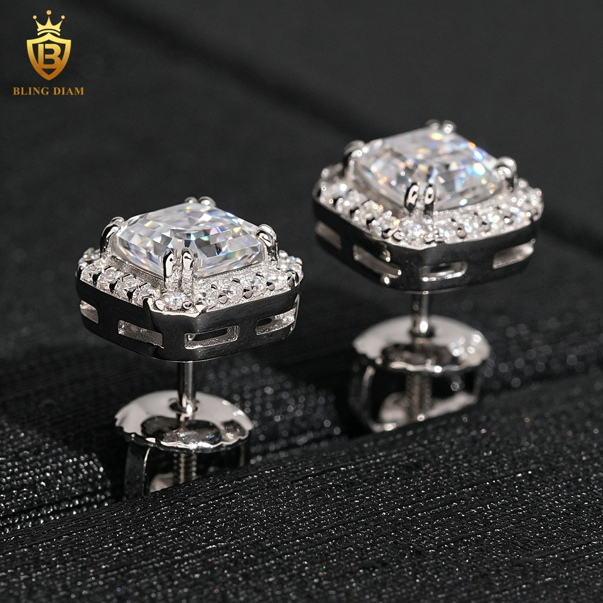 Asscher-Cut Moissanite Halo Stud Earrings
