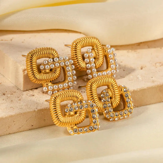 Inlaid Zircon Pearl Geometric Stud Earrings