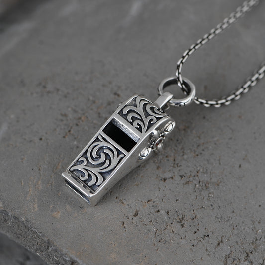 Carved Silver Whistle Necklace