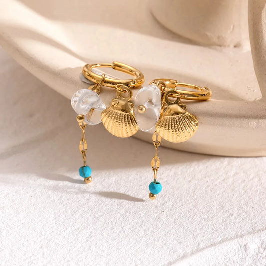 Natural Stone Shell Charms Hoop Earrings