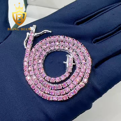 Pink Tennis Chain - 3mm Moissanite, Sterling Silver