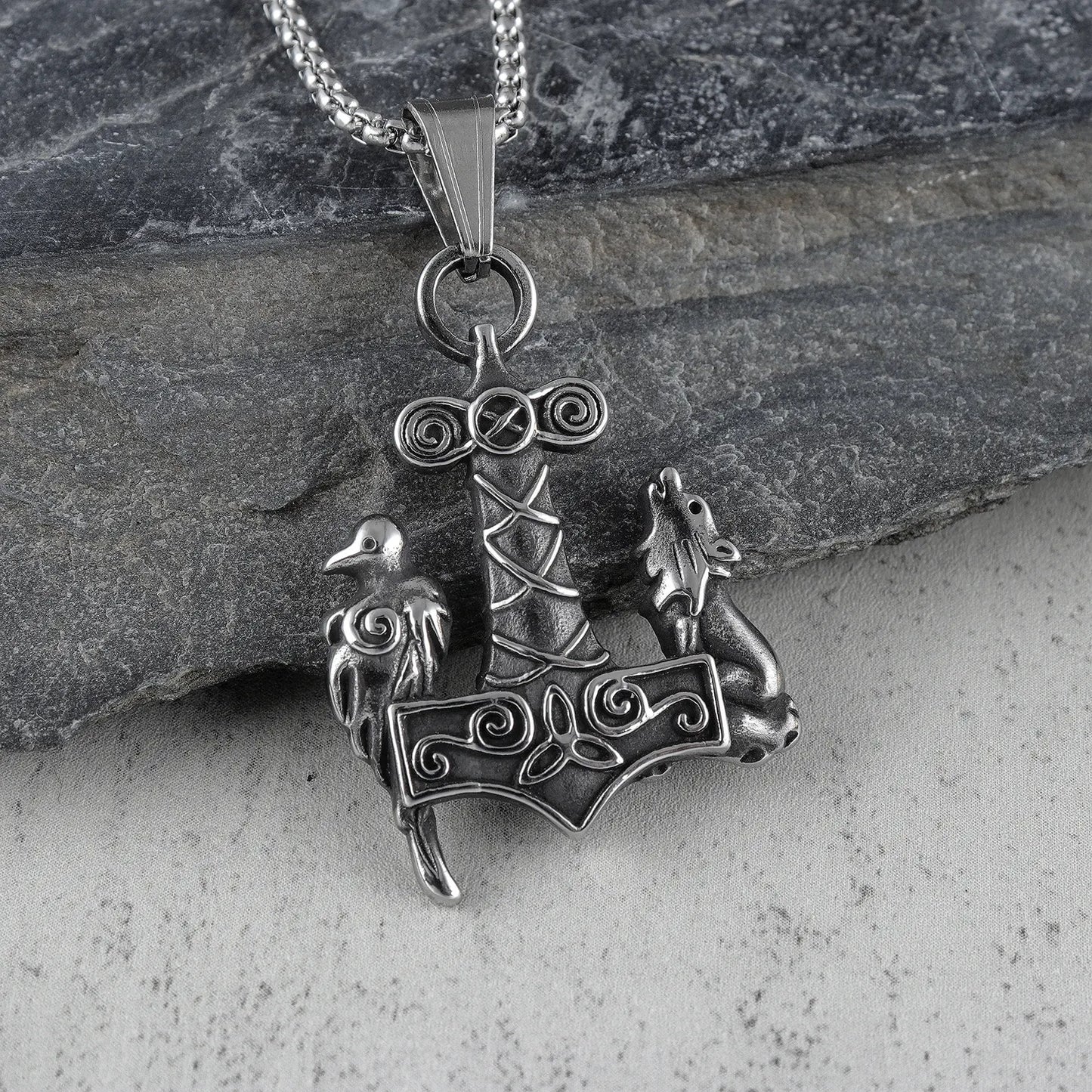 Mjolnir Thor's Hammer Odin Hugninn Munin Raven Fenrir Wolf Necklace