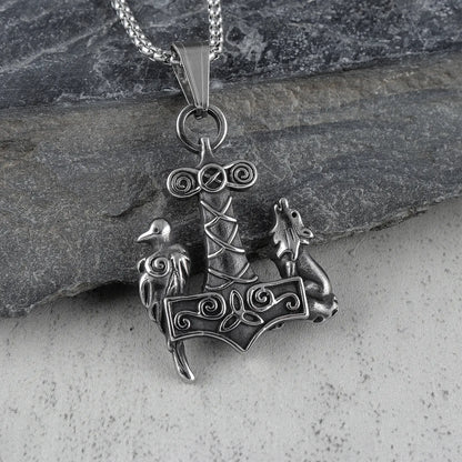 Mjolnir Thor's Hammer Odin Hugninn Munin Raven Fenrir Wolf Necklace