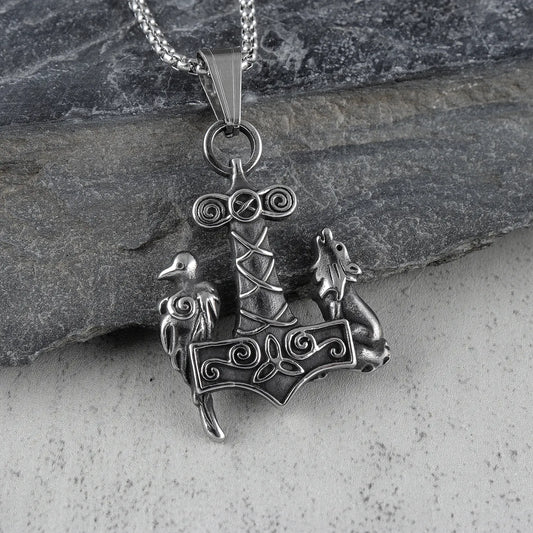 Mjolnir Thor's Hammer Odin Hugninn Munin Raven Fenrir Wolf Necklace