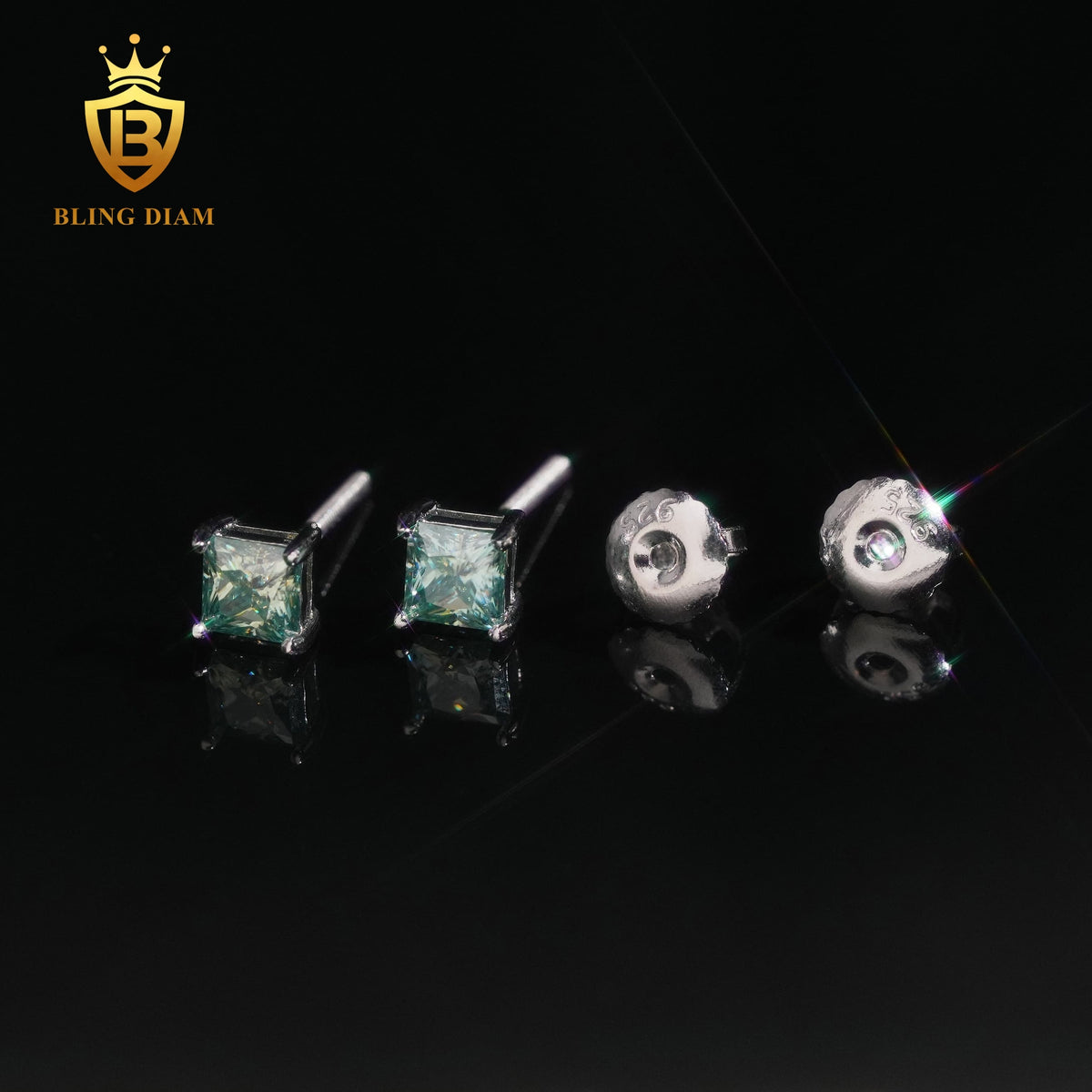 Blue & Green Princess-Cut Moissanite Stud Earrings