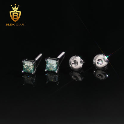 Blue & Green Princess-Cut Moissanite Stud Earrings