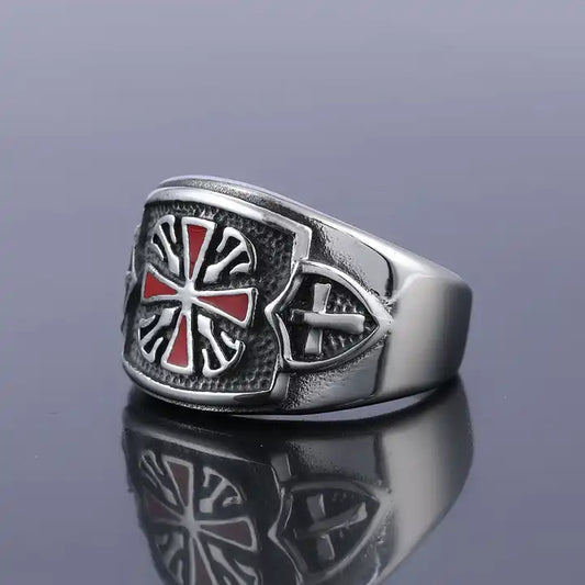 Red Crusaders Cross Shield Ring