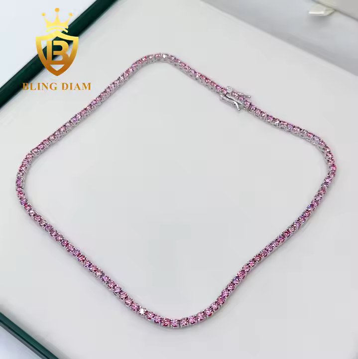 Pink Tennis Chain - 3mm Moissanite, Sterling Silver