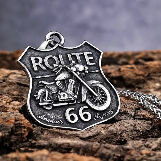 Route 66 Pendant | Vintage Stainless Steel Necklace