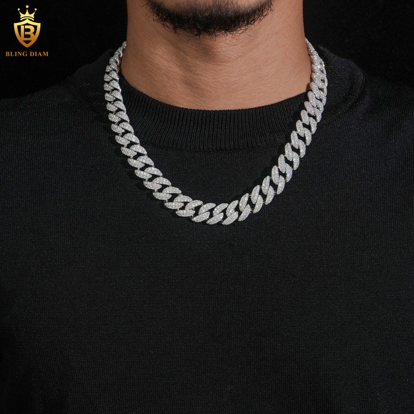 14mm Moissanite 925 Silver Link Chain