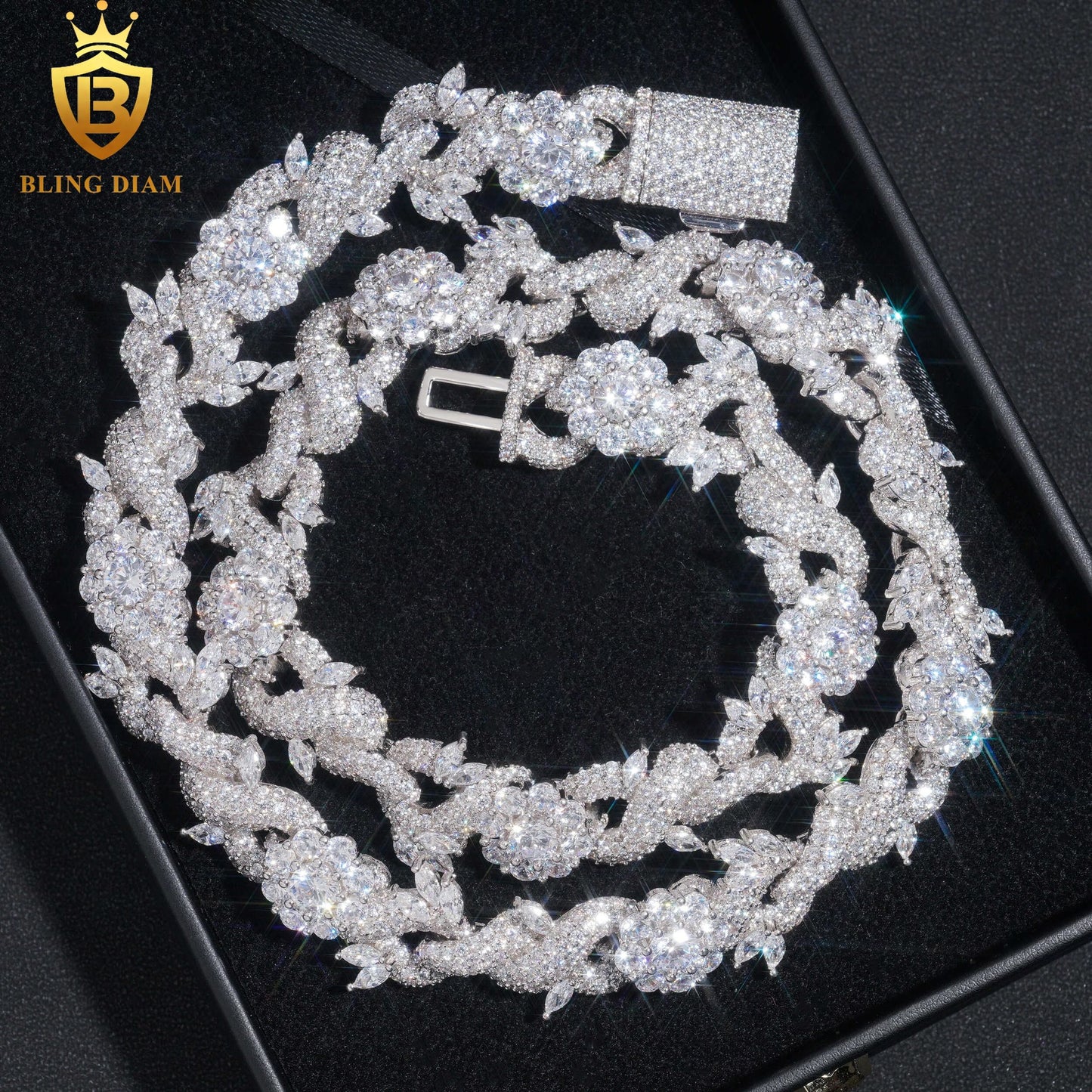 15mm Flower Fancy Shape VVS Moissanite 925 Silver chain