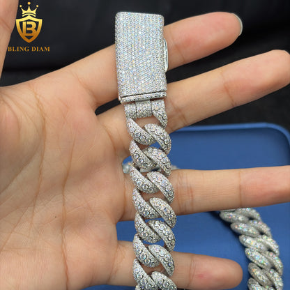 Miossanite 15mm 925 Sterling Silver Cuban Chain