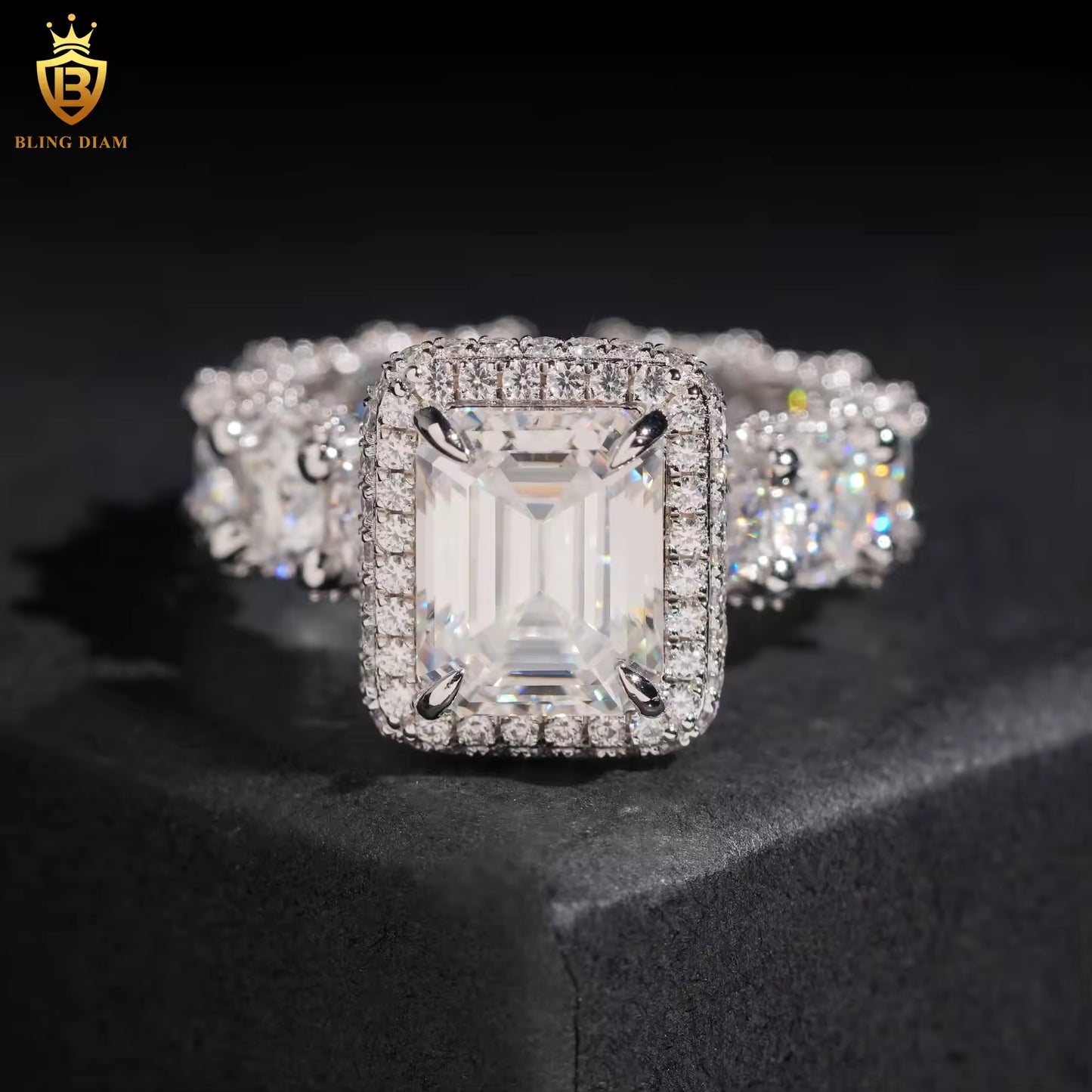 Emerald-cut iced-out ring