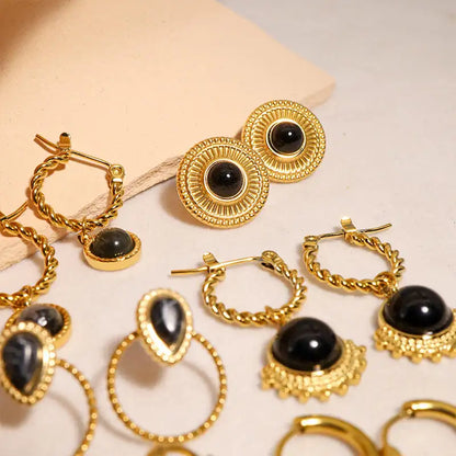 Natural Stone Drop Gold Hoop Earrings