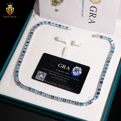 Blue Asscher Cut Moissanite 925 Sterling Silver Tennis Chain