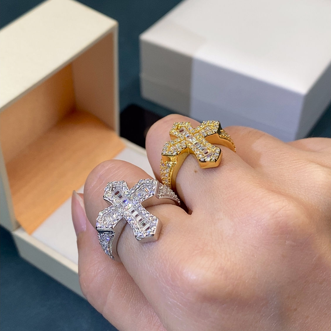 Cross-design baguette moissanite ring