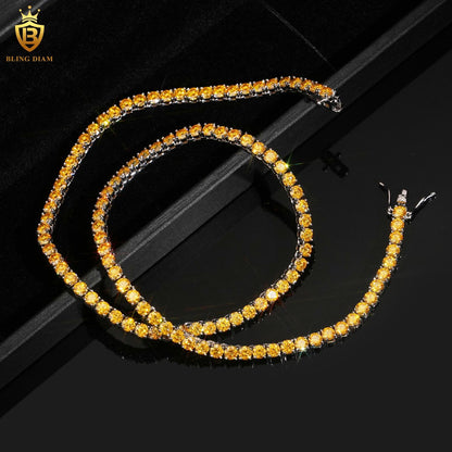 925 Sterling Silver 4mm Yellow Gold VVS Moissanite Tennis Chain