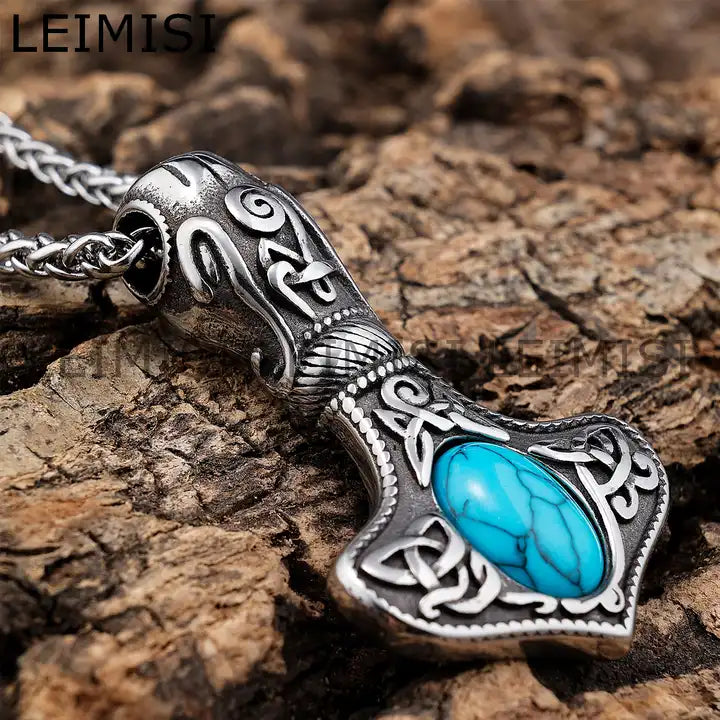 Viking Mjolnir Turquoise Stone Pendant Necklace — Stainless Steel