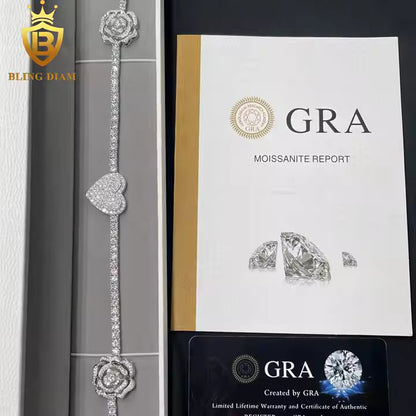Rose & Heart Tennis Chain - 3mm VVS Moissanite, 925 Sterling Silver
