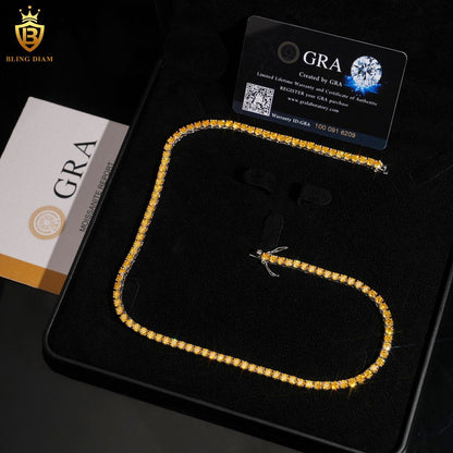 925 Sterling Silver 4mm Yellow Gold VVS Moissanite Tennis Chain