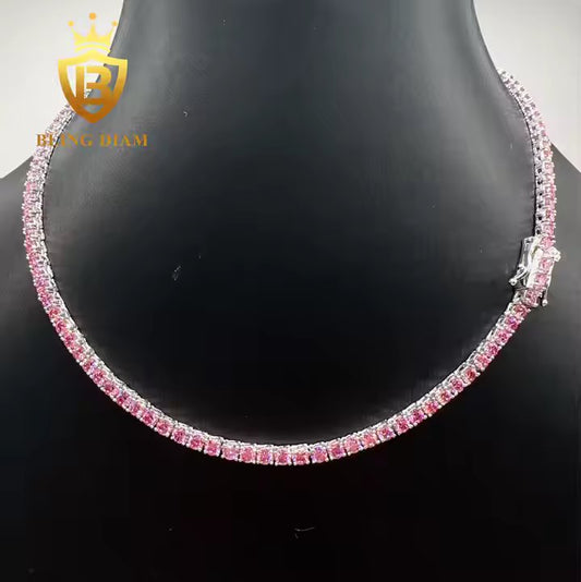 Pink Tennis Chain - 3mm Moissanite, Sterling Silver