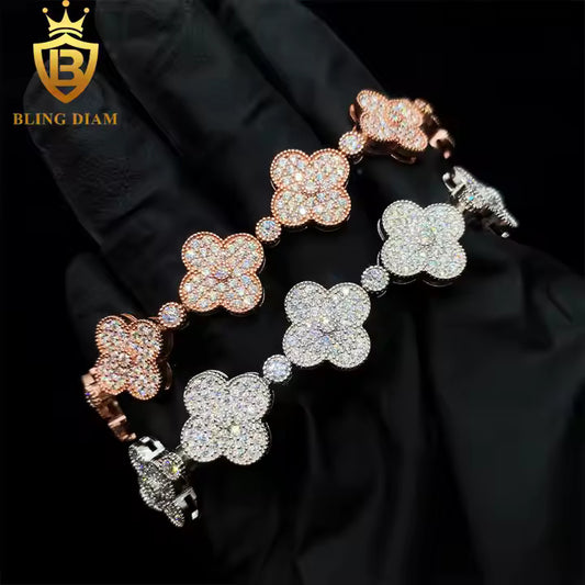 Wide Clover Tennis Bracelet - 15mm Moissanite, 925 Sterling Silver