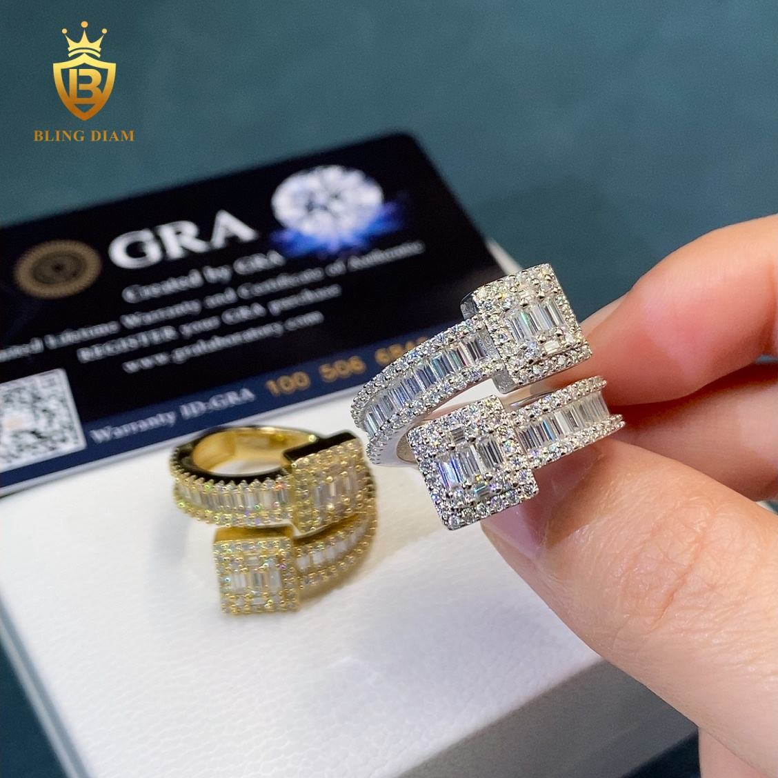 Bypass-style baguette moissanite ring