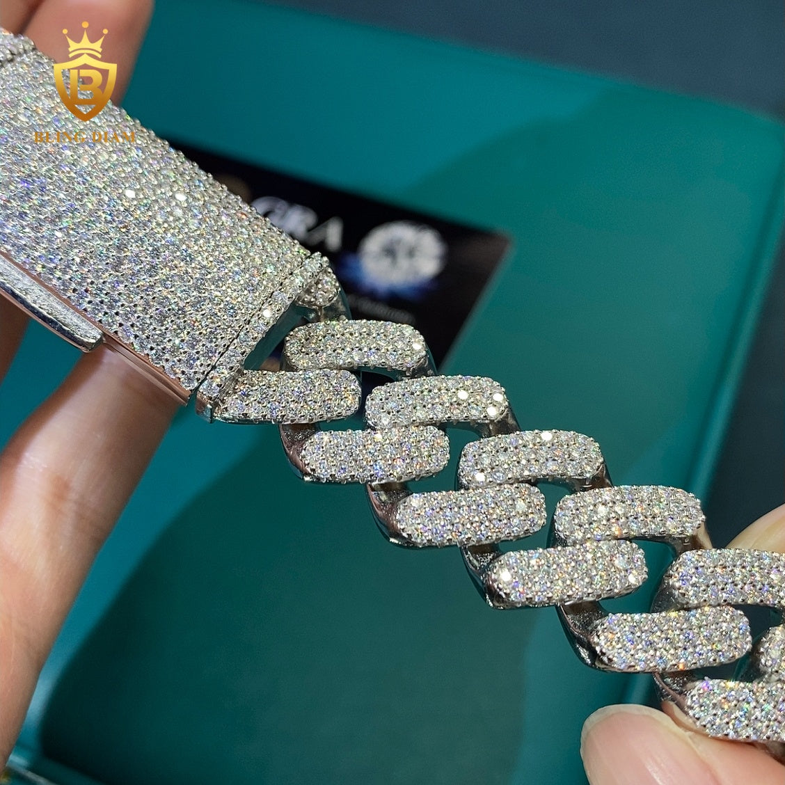 Silver 3 Rows Moissanite Cuban Chain