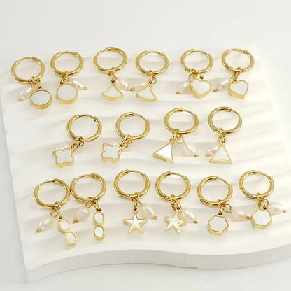 Pearl Shell Drop Dangle Huggie Hoop Earrings