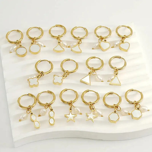 Pearl Shell Drop Dangle Huggie Hoop Earrings