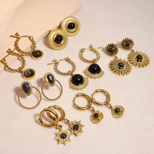 Natural Stone Drop Gold Hoop Earrings