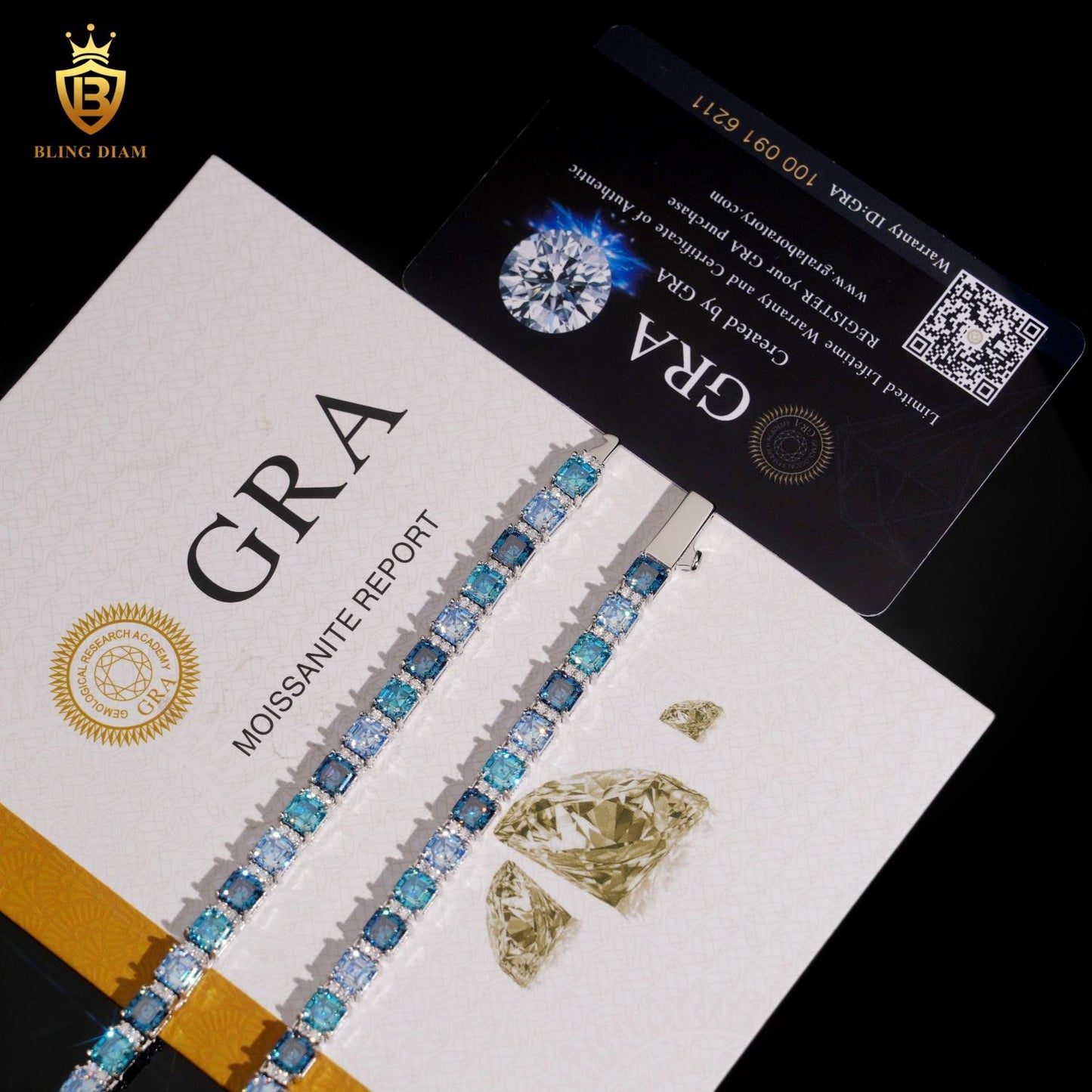 Blue Asscher Cut Moissanite 925 Sterling Silver Tennis Chain