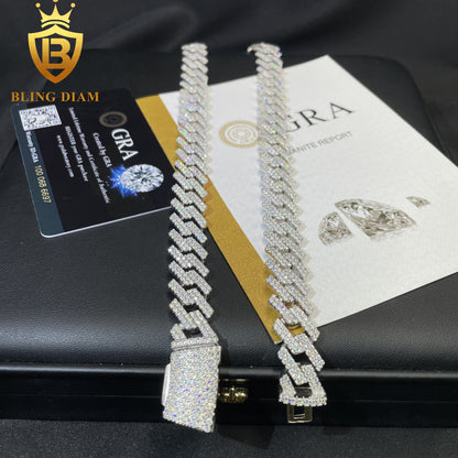 14MM Moissanite Cuban sterling silver vvs roound brilliant cut chain