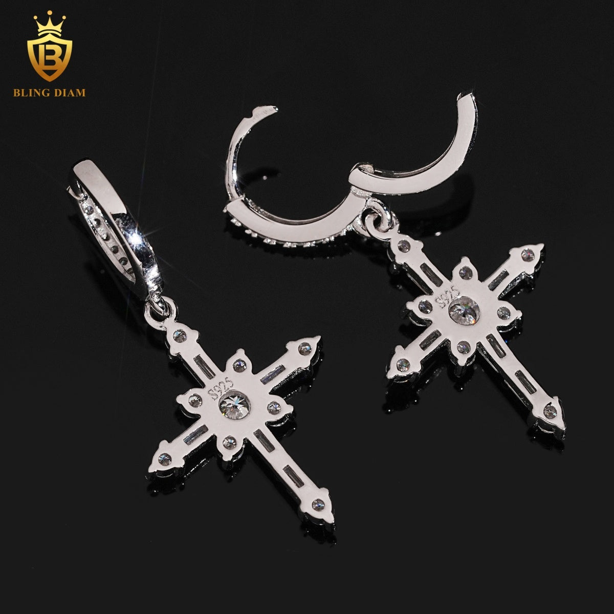 Moissanite Cross Dangle Huggie Hoop Earrings