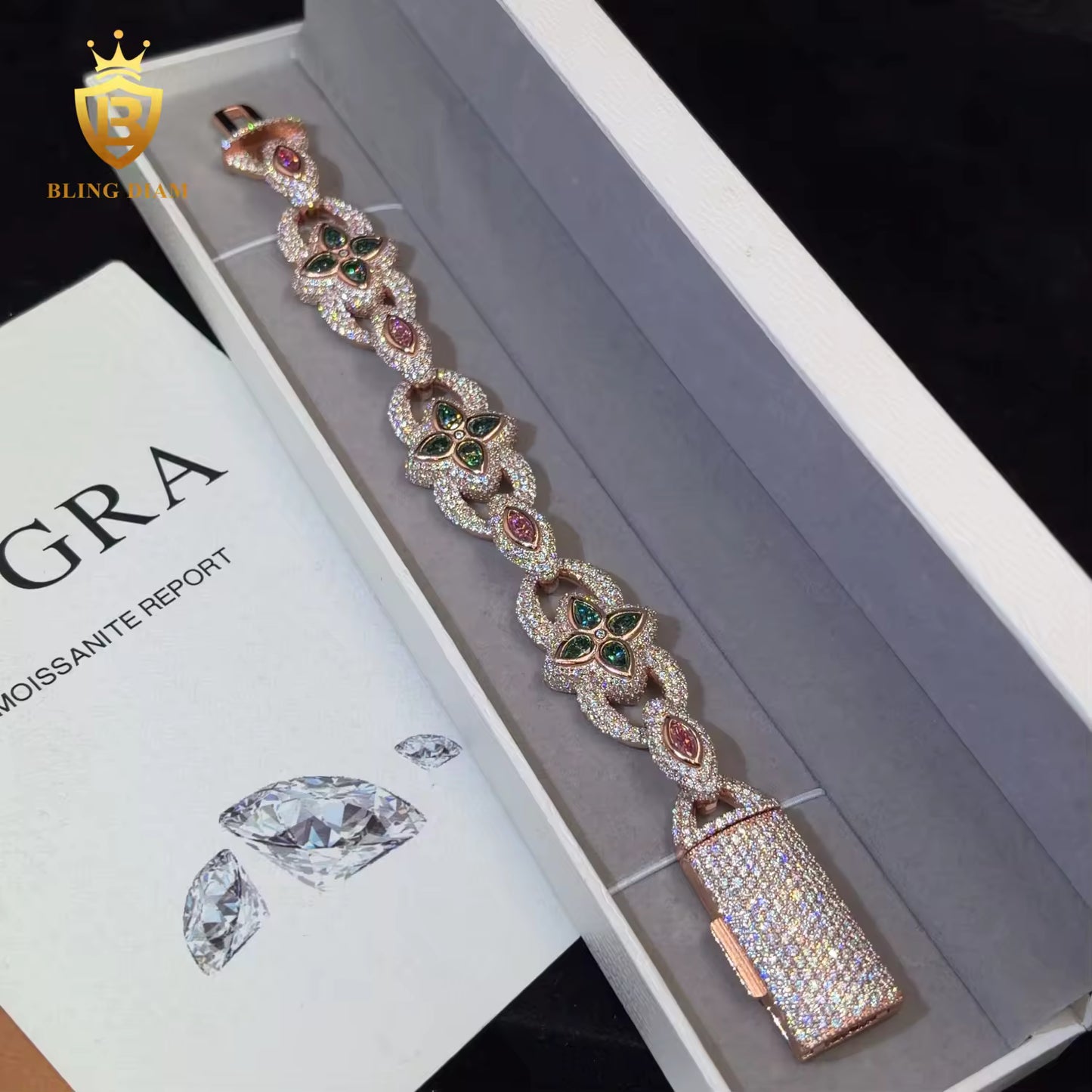 Rose Gold Clover Moissanite Cuban Bracelet