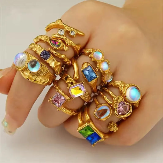 Irregular Surface Colorful Moonstone Ring
