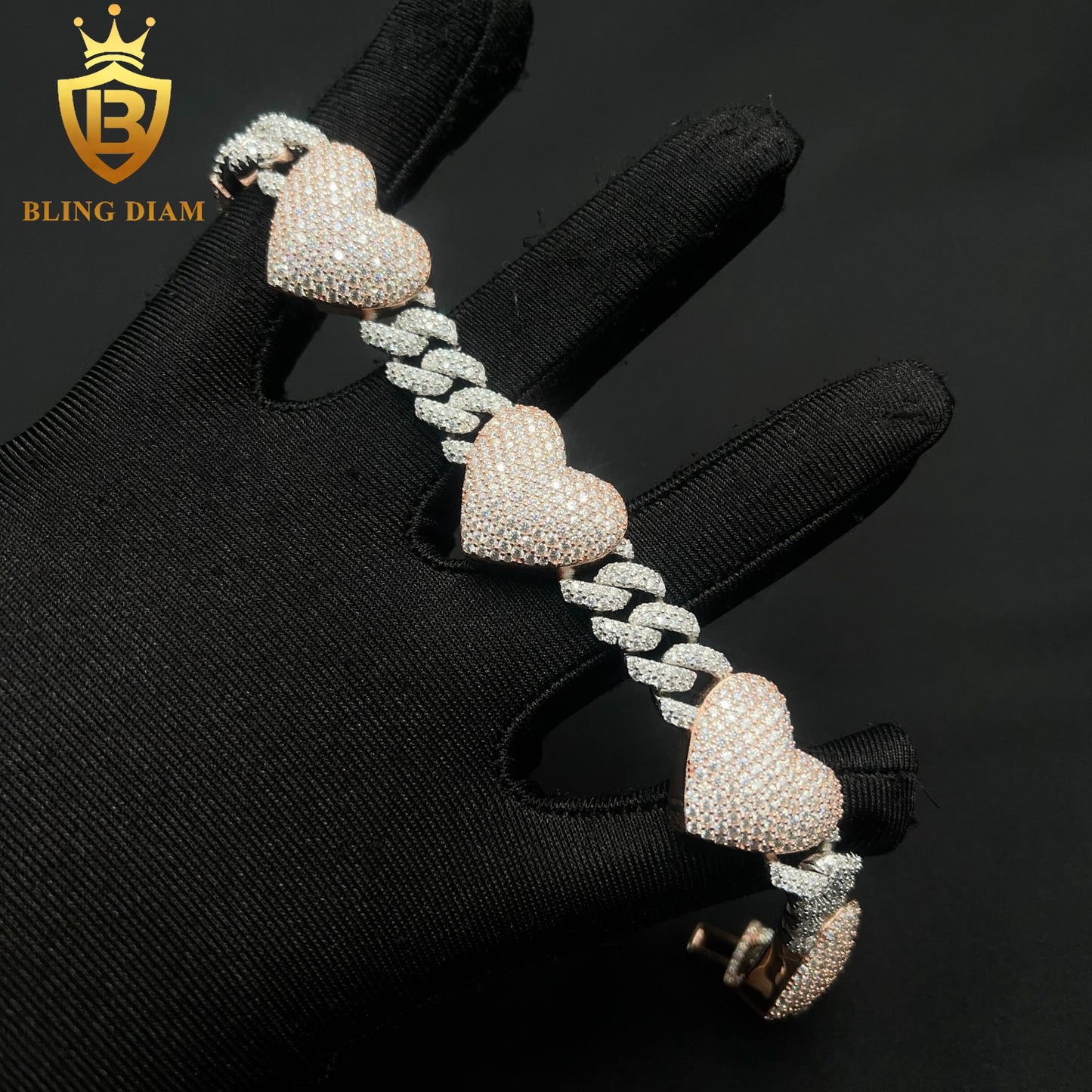 Two Tone Pink Heart Cuban Bracelet